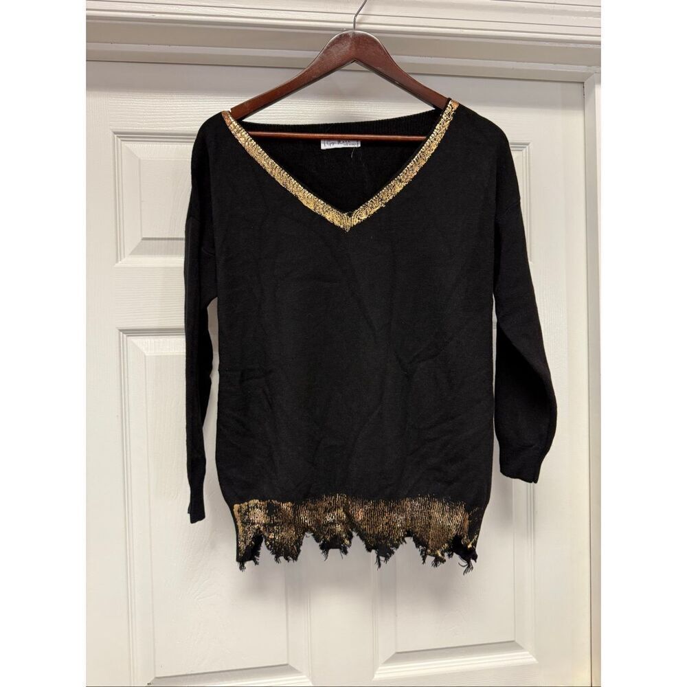 Gigi Moda Italy Black Gold Paint Frayed Hem Depo V-Beck Sweater sz XL NWOT
